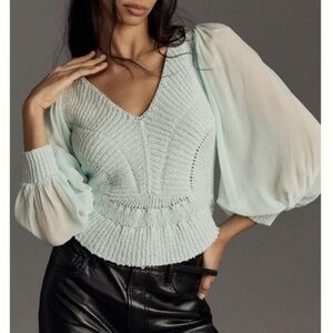 Anthropologie Sheer Long-Sleeve V-Neck Sweater, XS
